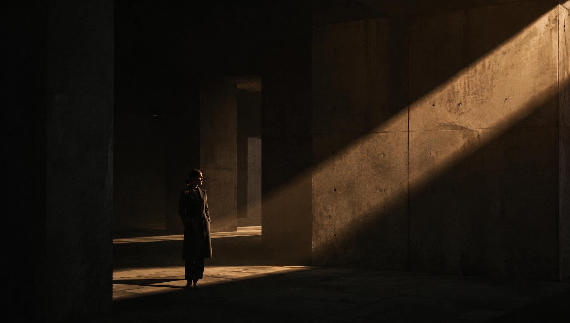 Silhouette dans une architecture de béton traversée par la lumière